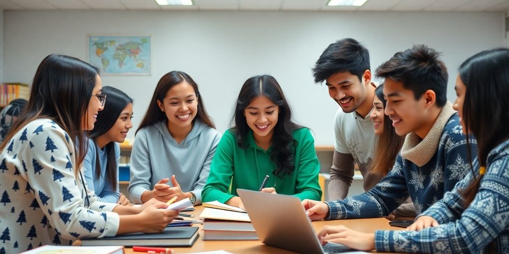 Diverse students collaborating in a modern classroom setting.