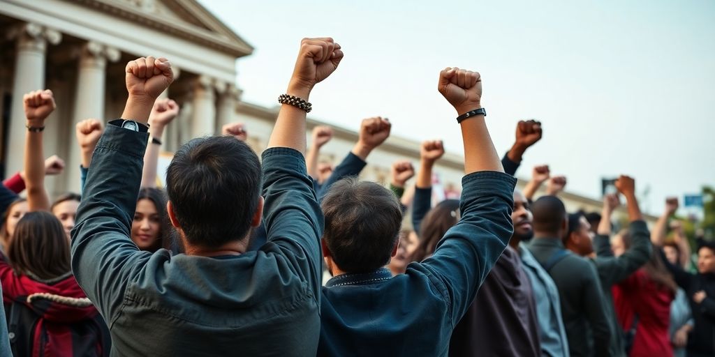 Manifestants debout, poings levés, devant un bâtiment public.