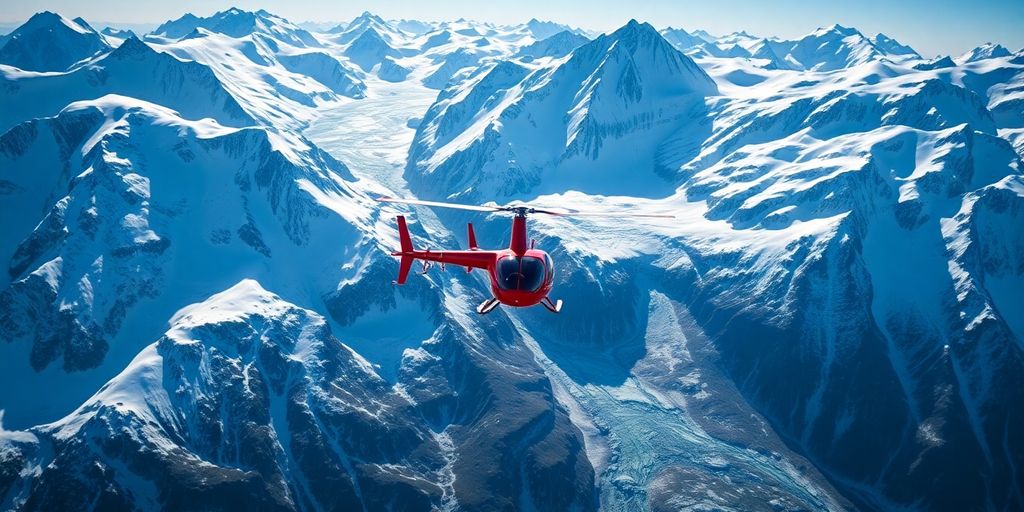A red helicopter flies above snowy Alaskan mountain peaks.