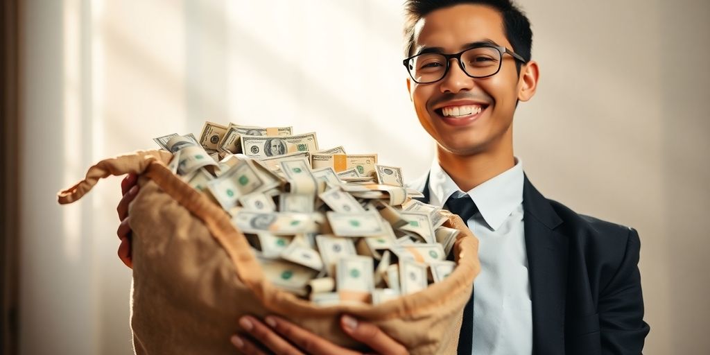 Digital marketing professional holding a bulging money bag.