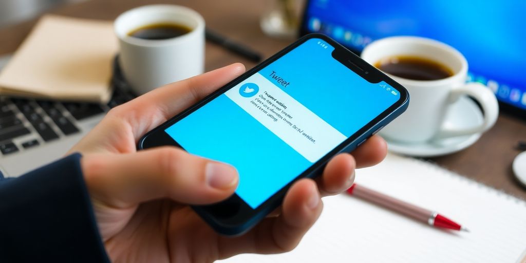 Smartphone showing tweet draft in a cozy workspace.