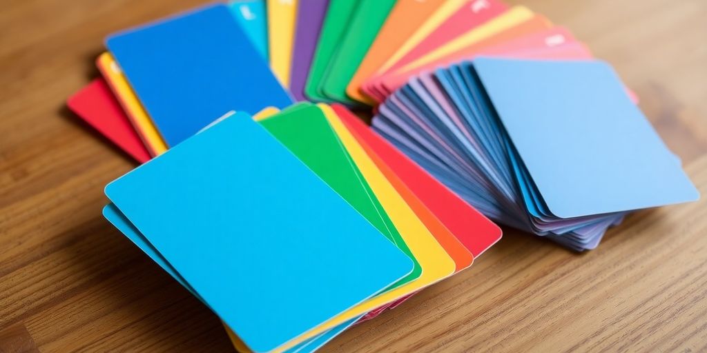 Colorful options trading cards on a wooden surface.