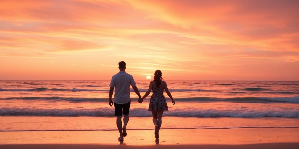 Three people walking on a beach at sunset.