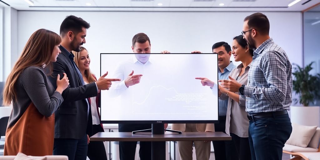 Team collaborates with monitor.