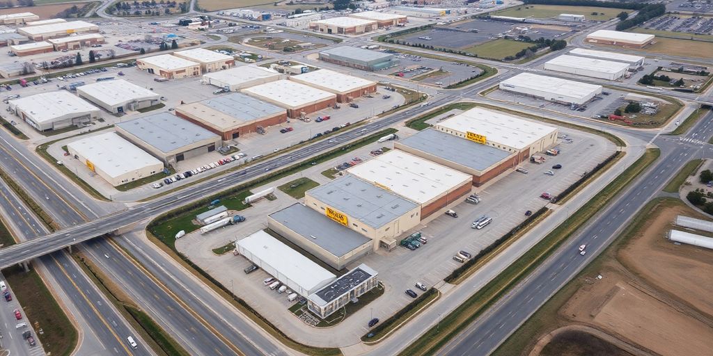 Aerial view of warehouses and roads in Omaha.