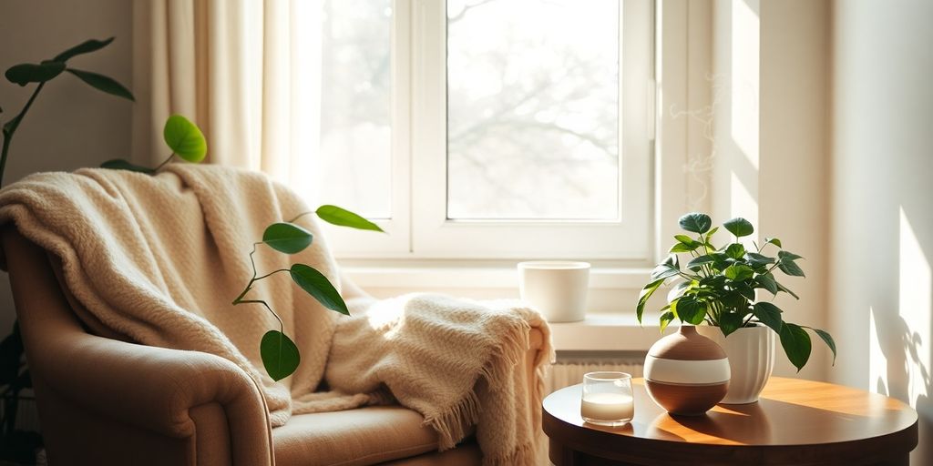 Cozy room with soft lighting, plants, comfortable seating.