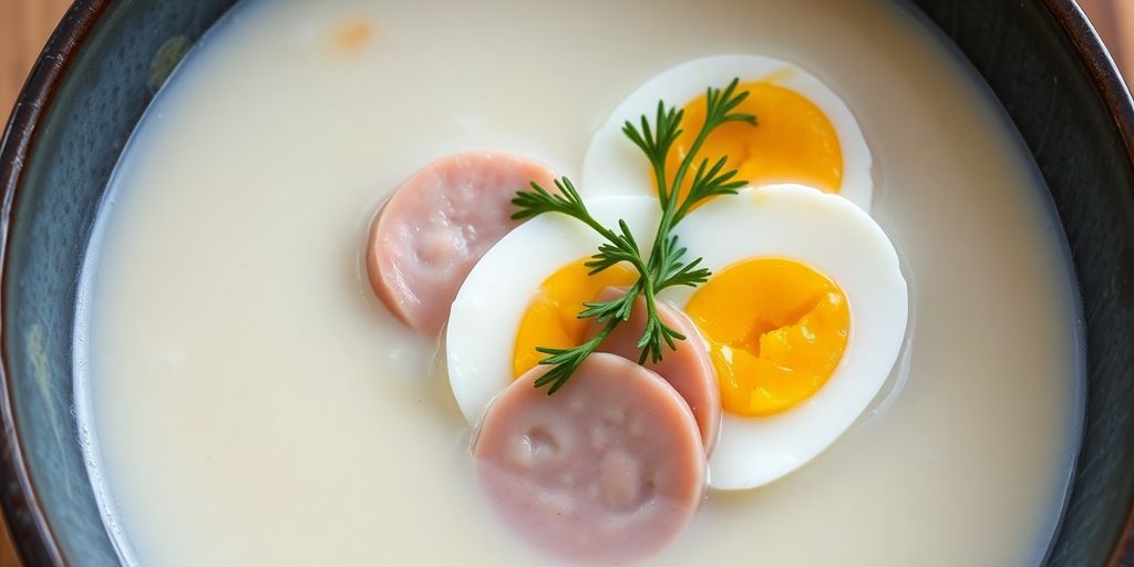 Schüssel mit weißer Żurek Suppe und Ei und Wurst.