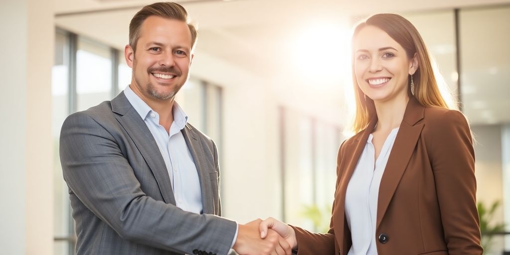 Man and woman shaking hands, smiling