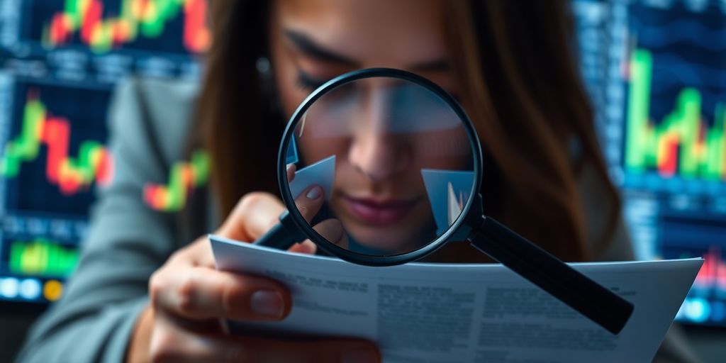 Person analyzing cryptocurrency documents with a magnifying glass.