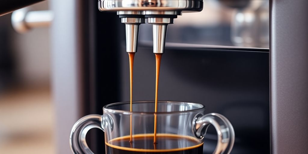Close-up of espresso machine dispensing drip coffee.