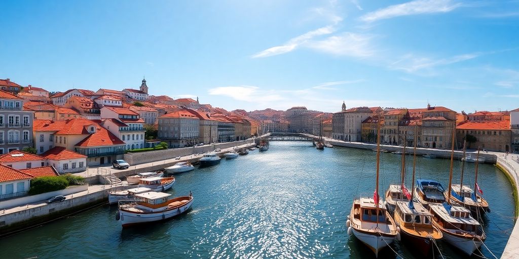 Historic Lisbon buildings, sunlit river