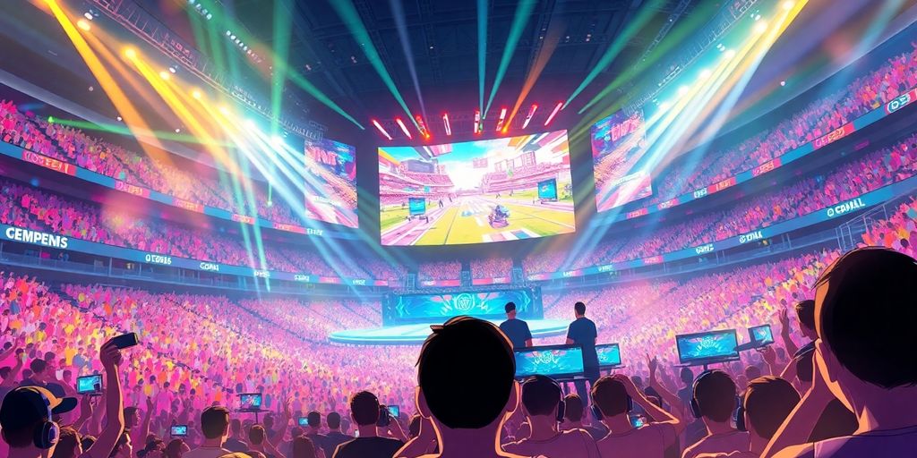 Crowd cheering esports players on large stage.