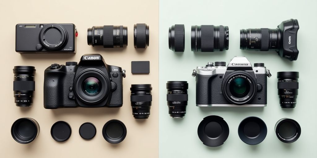 DSLR und spiegellose Kamera nebeneinander mit Objektiven