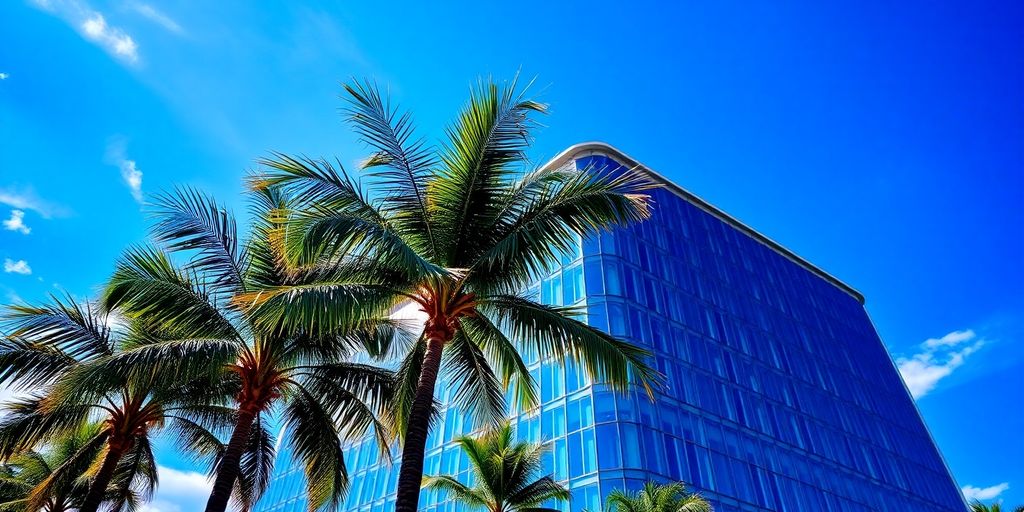 Modern building reflecting sunny Florida sky and palm trees.