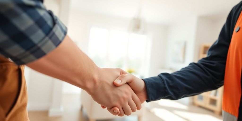 Happy customer shaking contractor's hand.