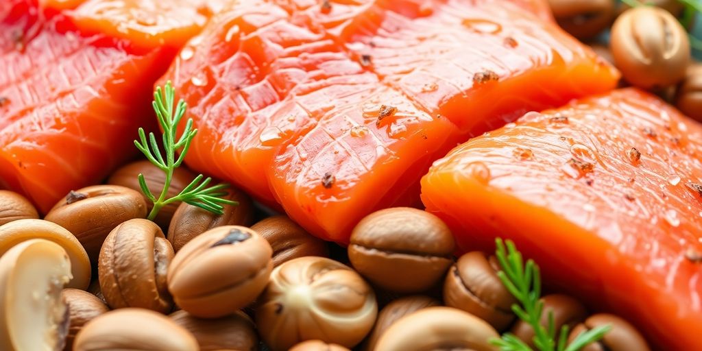 Fresh salmon and nuts rich in omega-3 fatty acids.