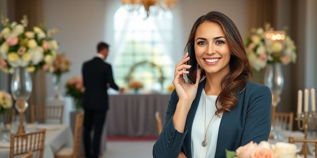 Eine lächelnde Hochzeitsplanerin, die eine wunderschöne Veranstaltung koordiniert.