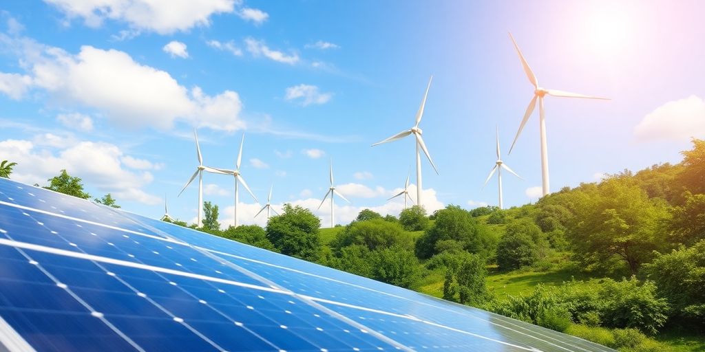 Duurzame energiebronnen zoals windmolens en zonnepanelen.