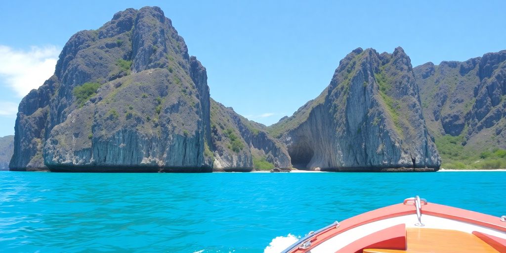 Boat sailing near Komodo Island with pink beach.