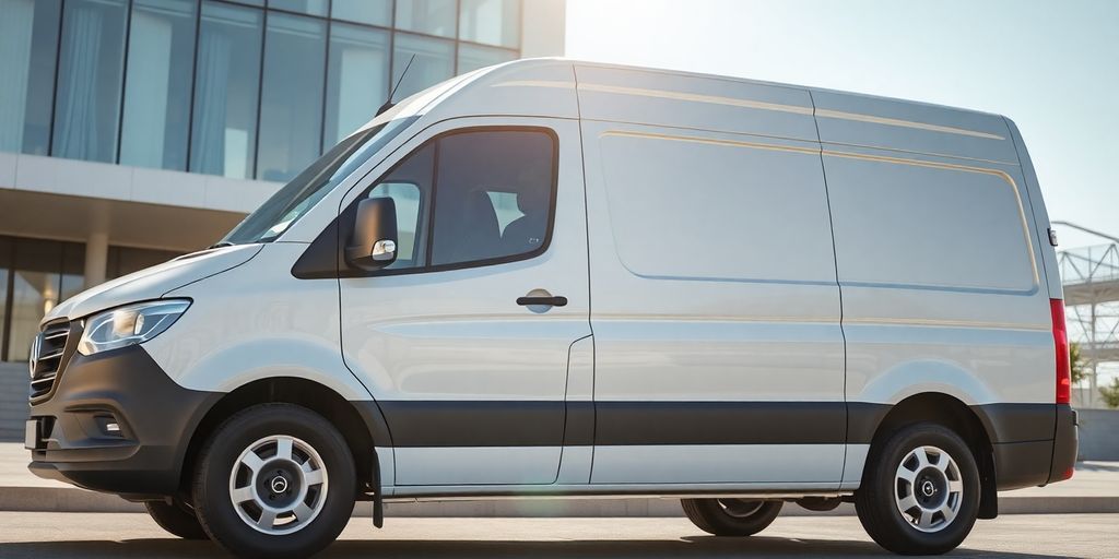 Modern van parked outside a contemporary office building.