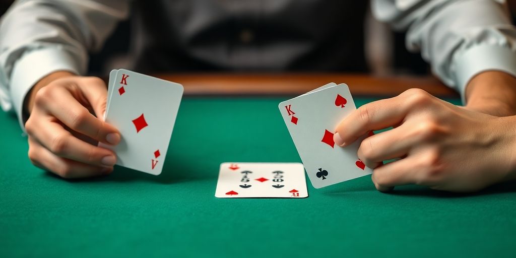 Blackjack cards on a green felt table, hands deciding to hit or stand.