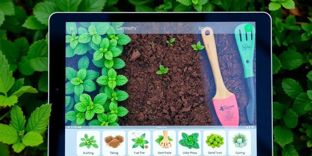 Digitaler Gartenplaner mit Pflanzen und Werkzeugen auf dem Bildschirm.