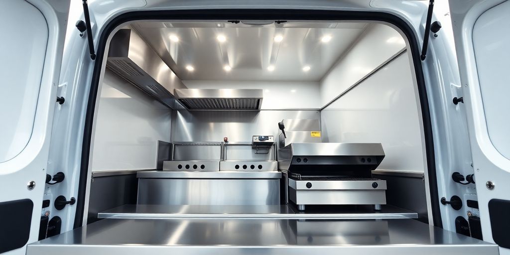 Mobile catering van with open serving hatch.
