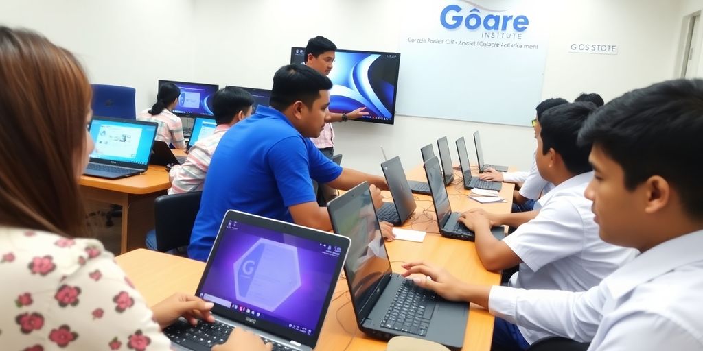 Students learning ICT in a modern classroom setting.