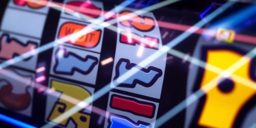 Slot machine reels with glowing paylines.