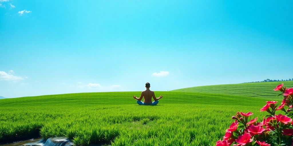 Person meditating in a vibrant, serene landscape.