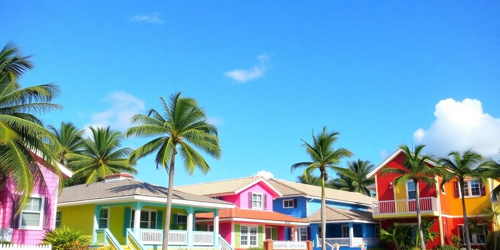 Colorful Miami Dade homes with palm trees and blue skies.