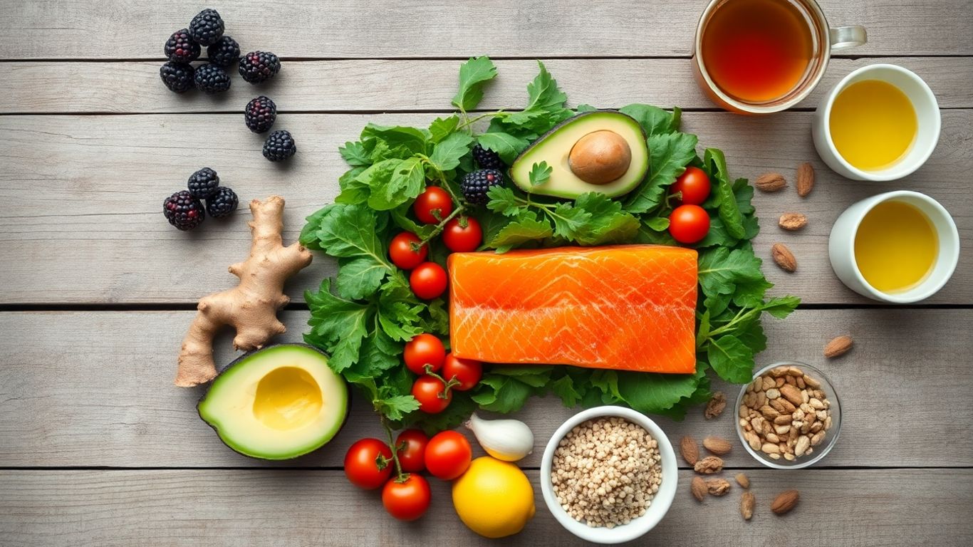 Overhead photo of salmon, berries, leafy greens, avocado, turmeric, ginger.