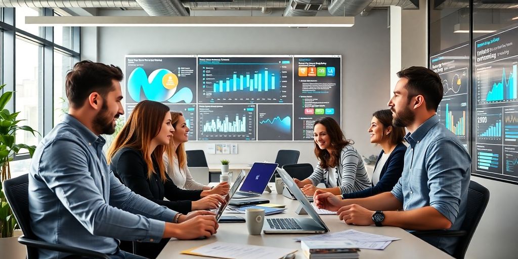 Profissionais de marketing digital em ambiente moderno.