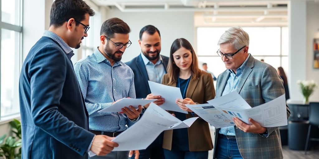 Diverse professionals collaborating on technical documents in a modern setting.