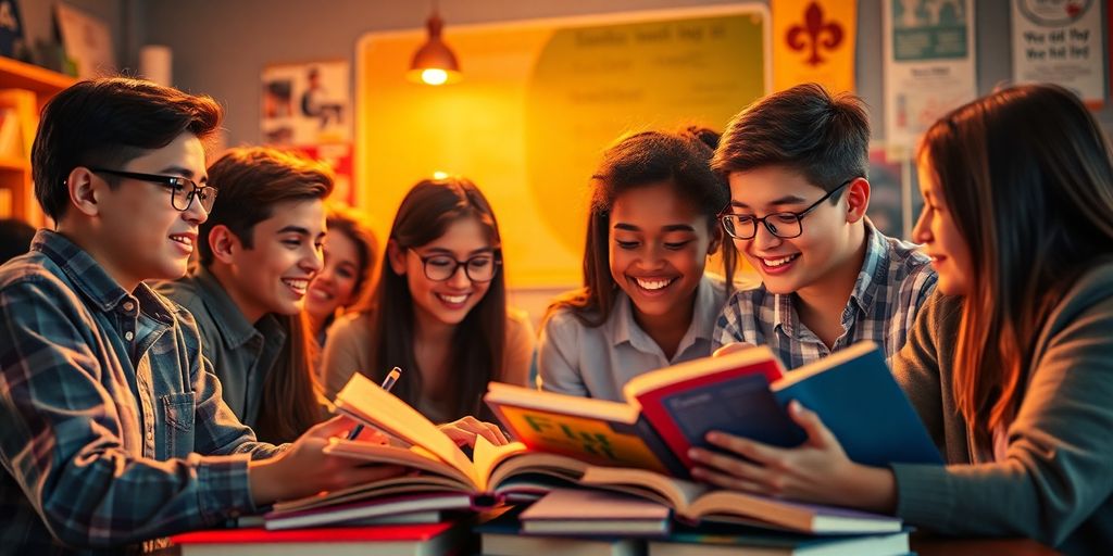 Students studying with focus and determination in a warm setting.
