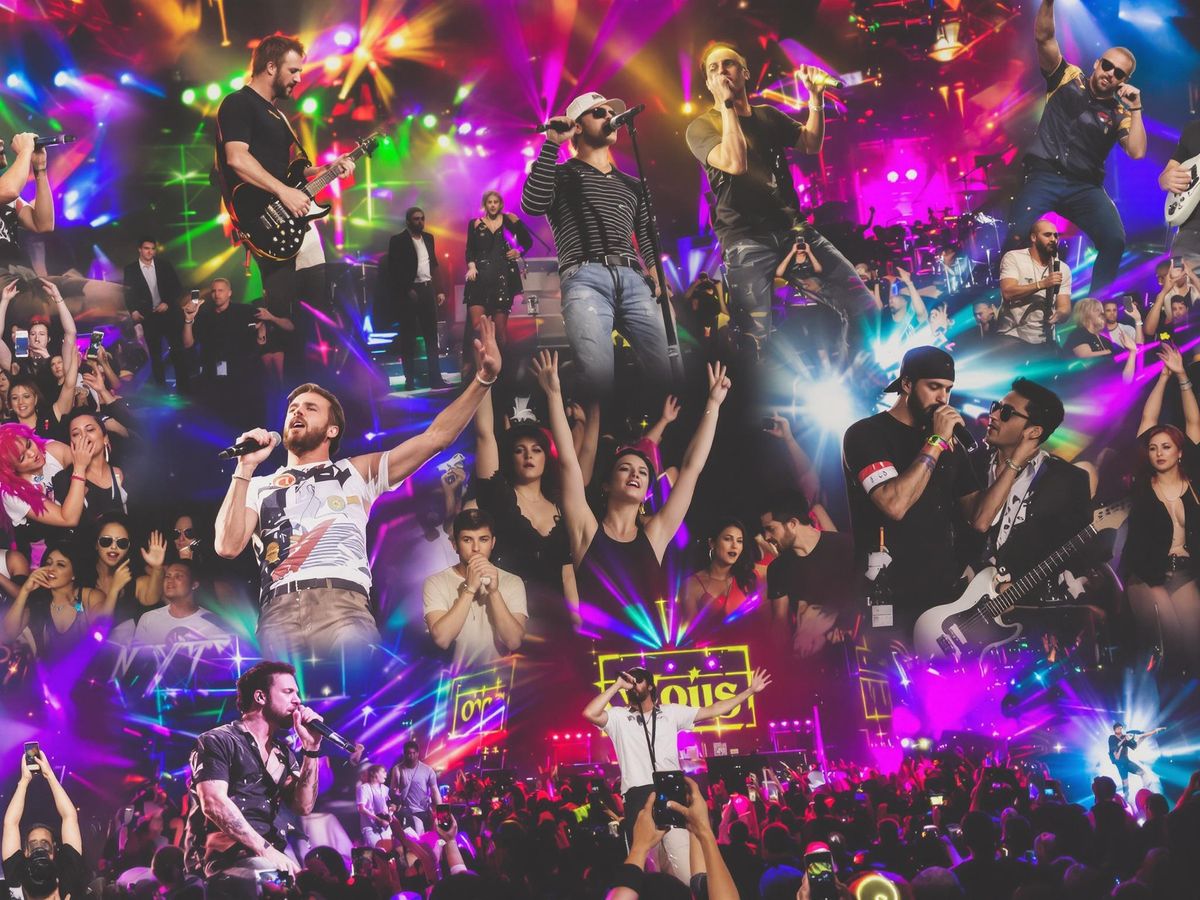 Collage of successful musicians performing on stage.
