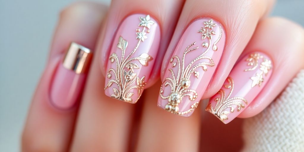 Unhas decoradas em rosa e dourado com detalhes elegantes.