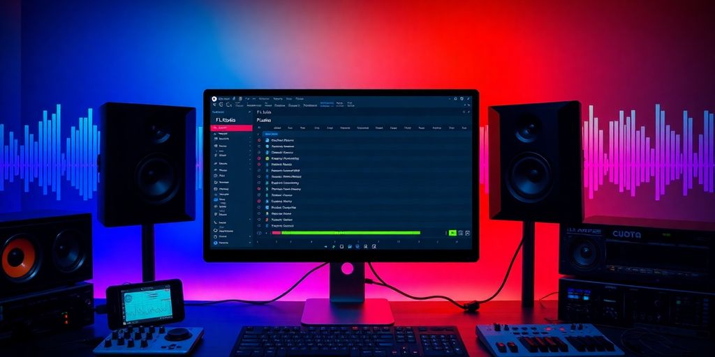 Vibrant workspace with FL Studio and sound waveforms.