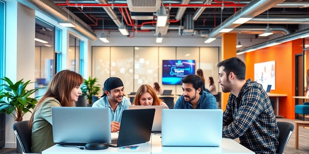 Entrepreneurs collaborating in a modern technology incubator office.