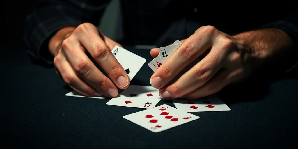Man focused on cards at a poker table.