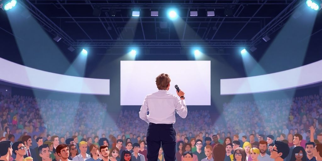 Person, microphone, audience, stage, spotlight