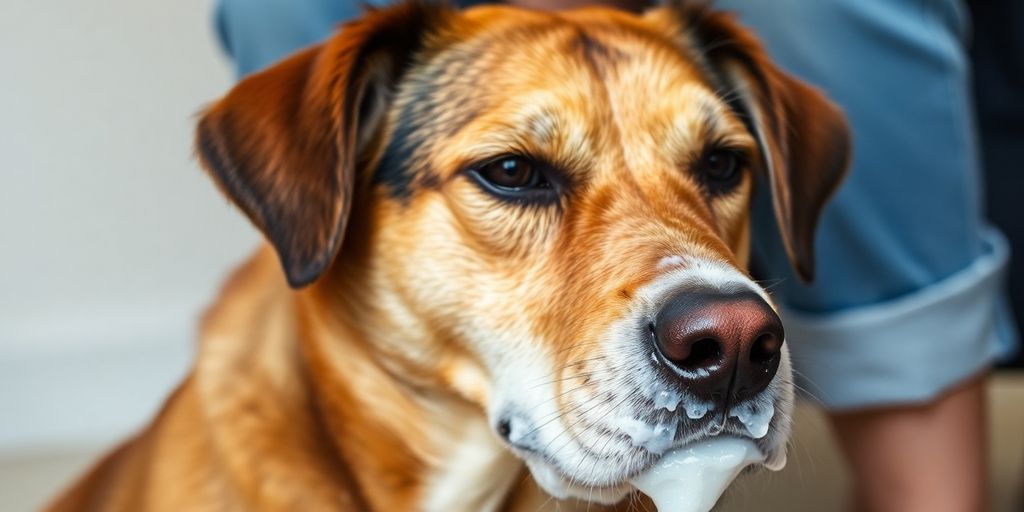 Dog vomiting white foam with concerned owner.