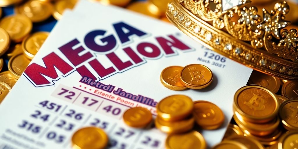 Mega Millions ticket with gold coins and jackpot crown.