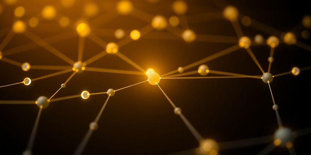 Photograph of a glowing blockchain network on a dark background.