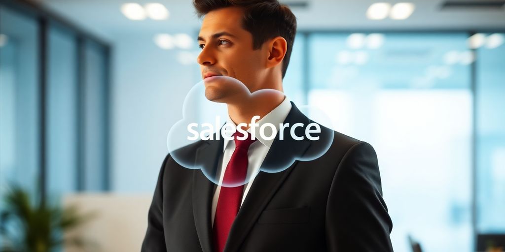 Man in suit, Salesforce logo hologram.