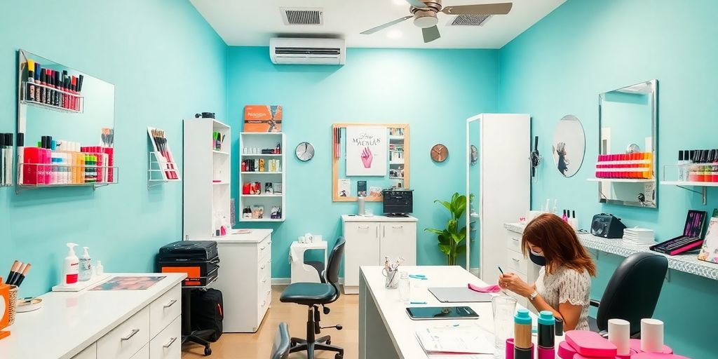 Estúdio de manicure com ferramentas e esmaltes coloridos.