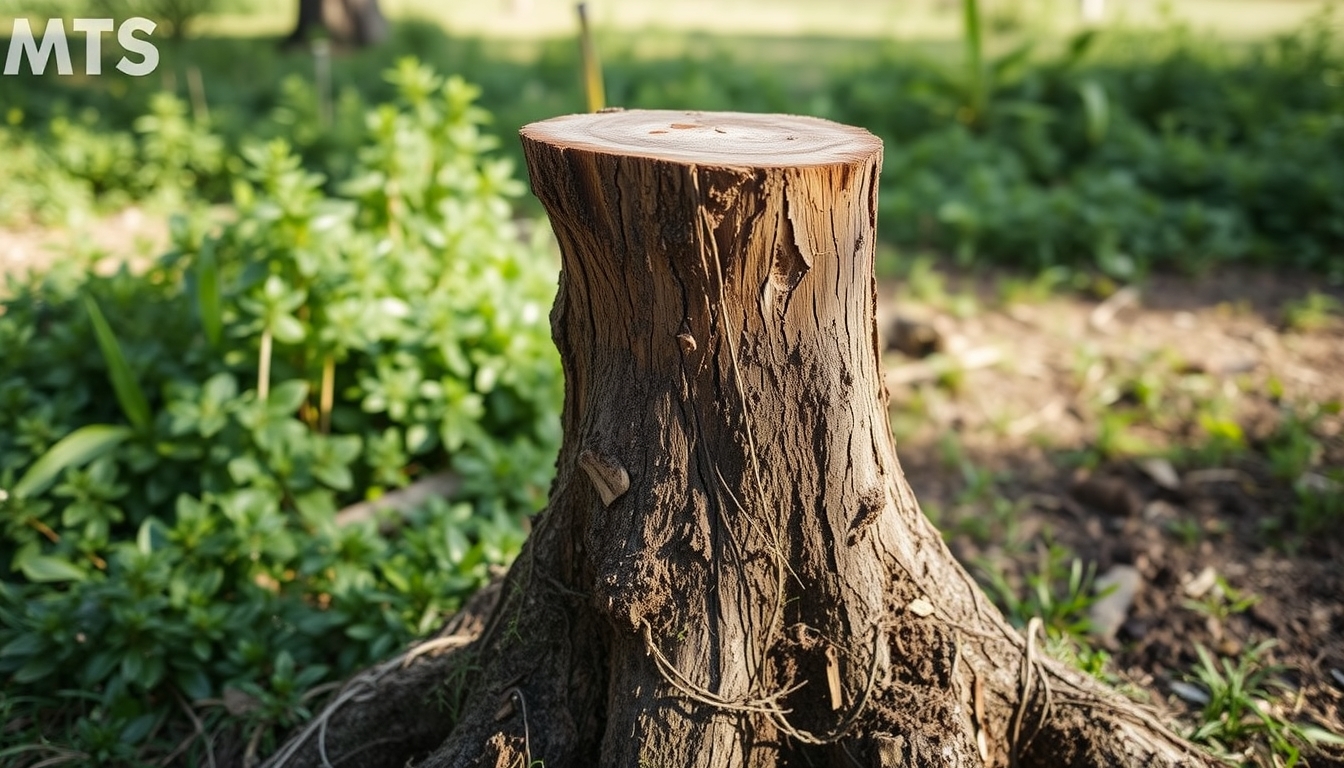 Distant view of a tree stump with visible roots.