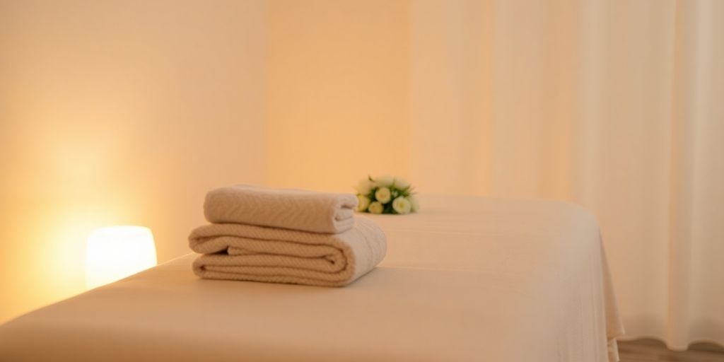 Serene spa massage table with plush towels and floral arrangement.