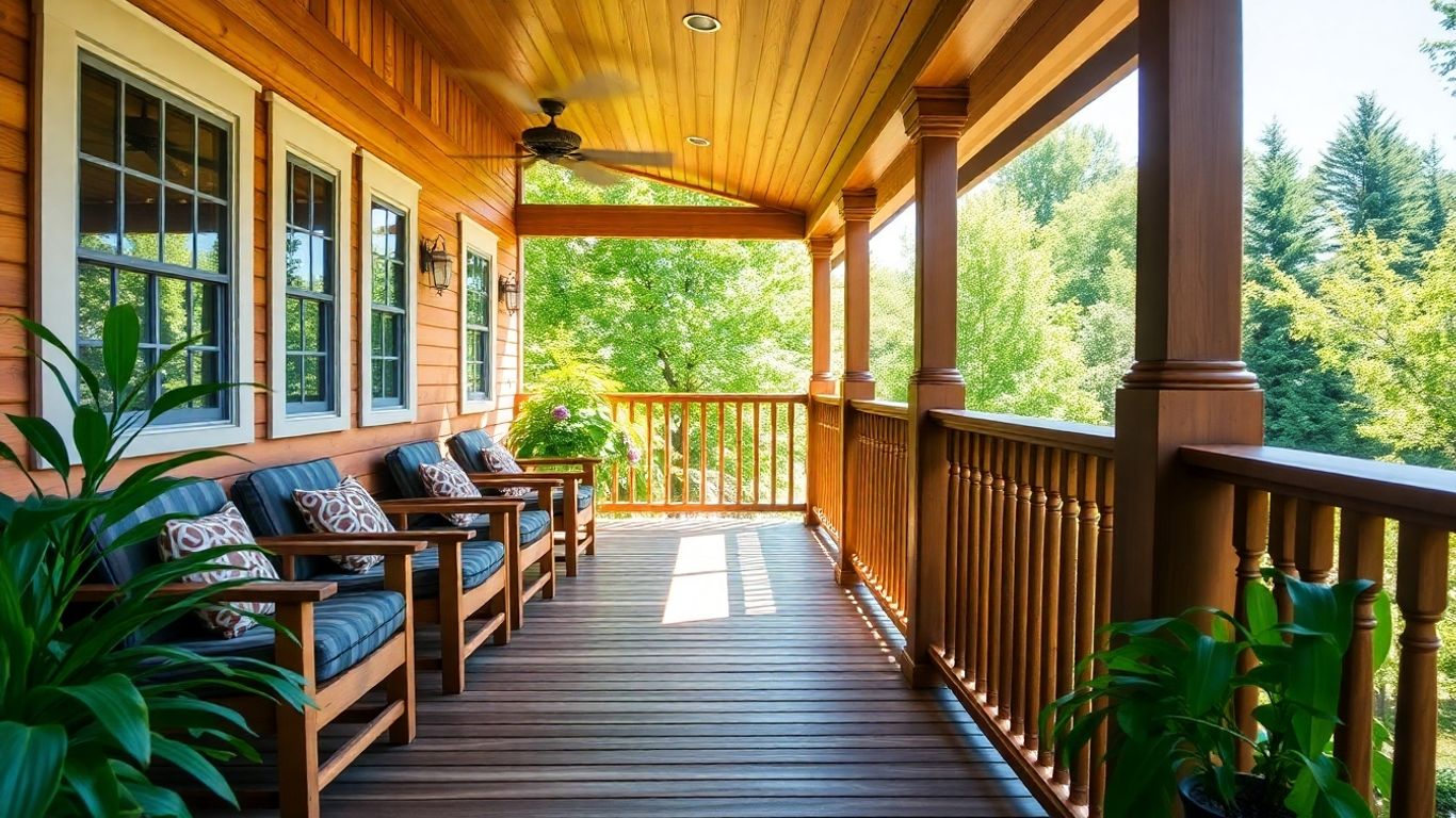 Newly built wooden porch with seating and plants.