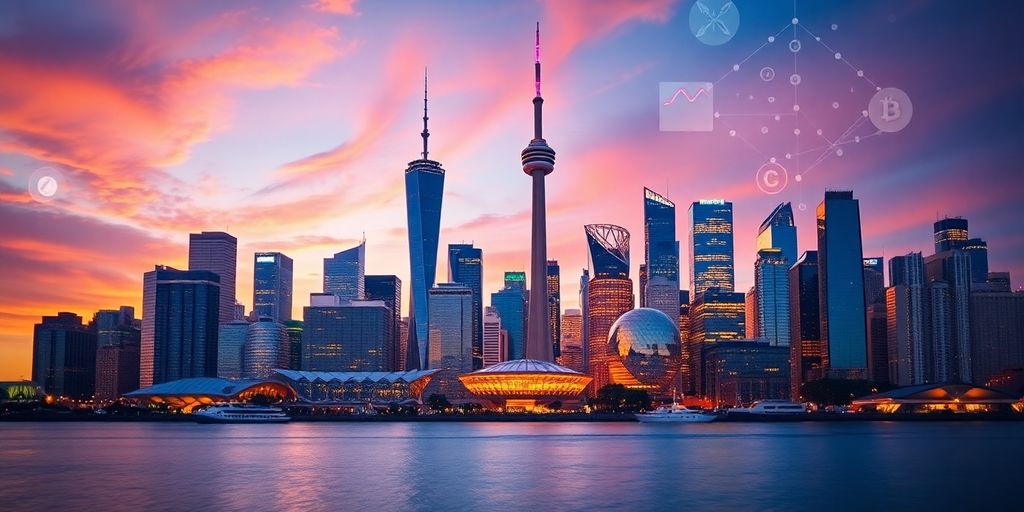 Toronto skyline with digital crypto elements integrated.